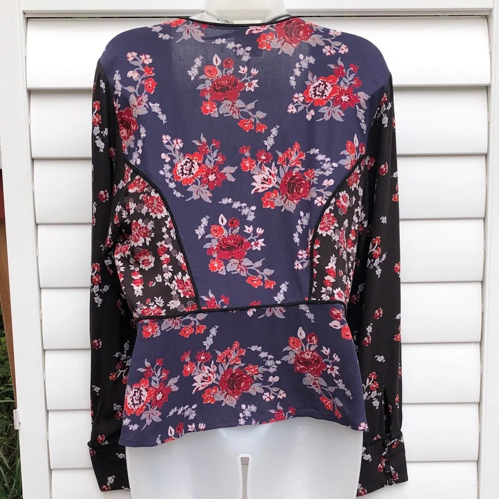 Free People Navy Floral Tie-Front Blouse with Black Sheer Sleeves